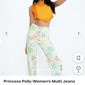 Cream Straight-Leg Jeans with Colorful Icon Print